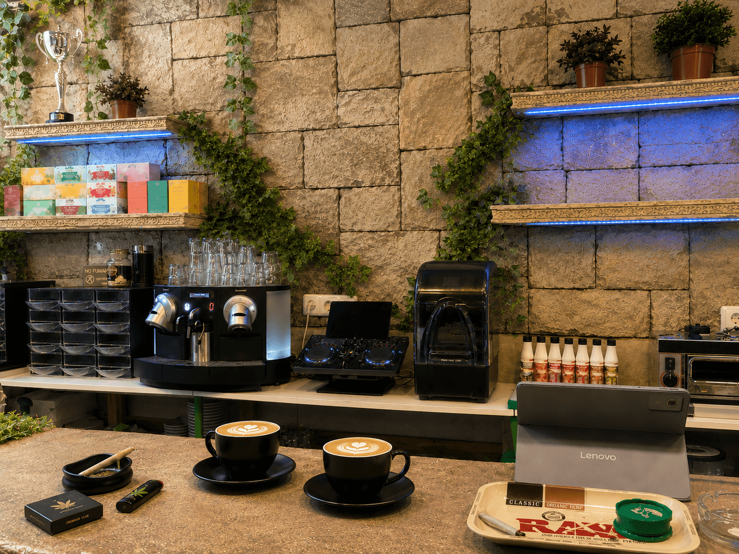Zona cómoda para conversar y relajarse en The Jungle, club de cannabis en Madrid